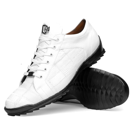 The Bari White by Marco Di Milano: white lace-up sneakers with a textured pattern, black rubber soles, and a metallic logo on the tongue. Displayed upright and angled to show the sole—luxury footwear defined.