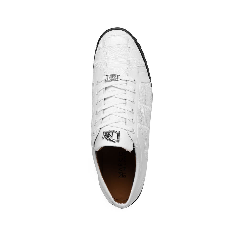 The Bari White by Marco Di Milano: white lace-up sneakers with a textured pattern, black rubber soles, and a metallic logo on the tongue. Displayed upright and angled to show the sole—luxury footwear defined.