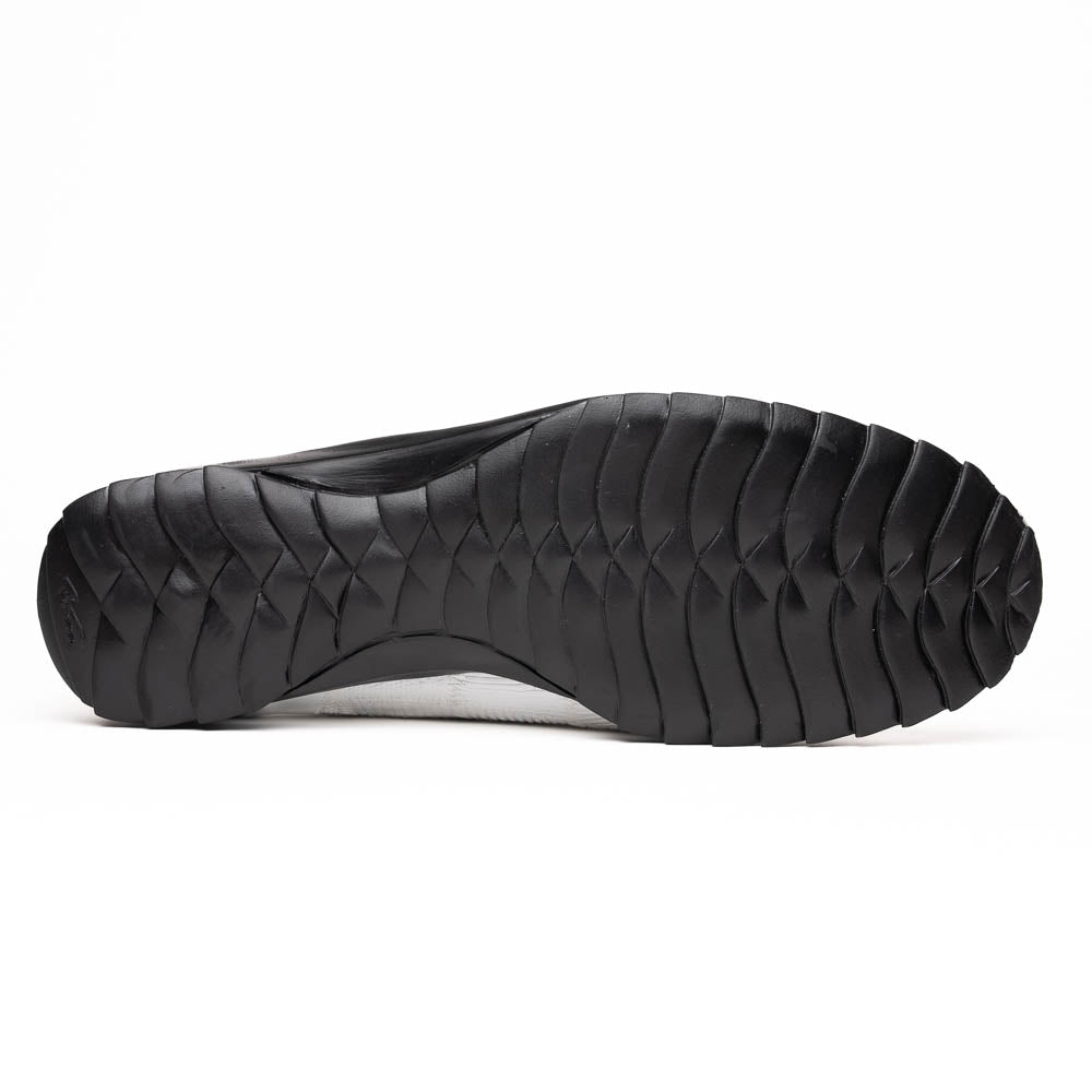 The Bari White by Marco Di Milano: white lace-up sneakers with a textured pattern, black rubber soles, and a metallic logo on the tongue. Displayed upright and angled to show the sole—luxury footwear defined.