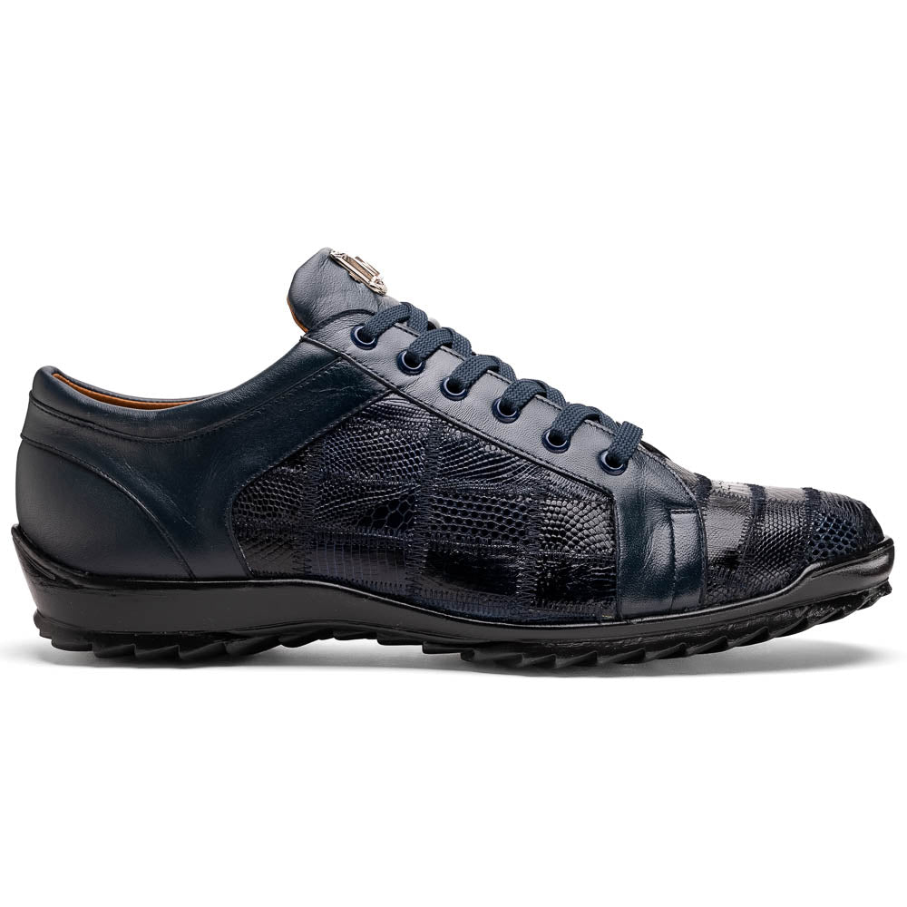 Bari Navy by Marco Di Milano: dark blue lace-up sneakers with a hand-painted finish, textured pattern, and rubber soles—one upright, one leaning. Enjoy luxury footwear designed for ultimate style and comfort.