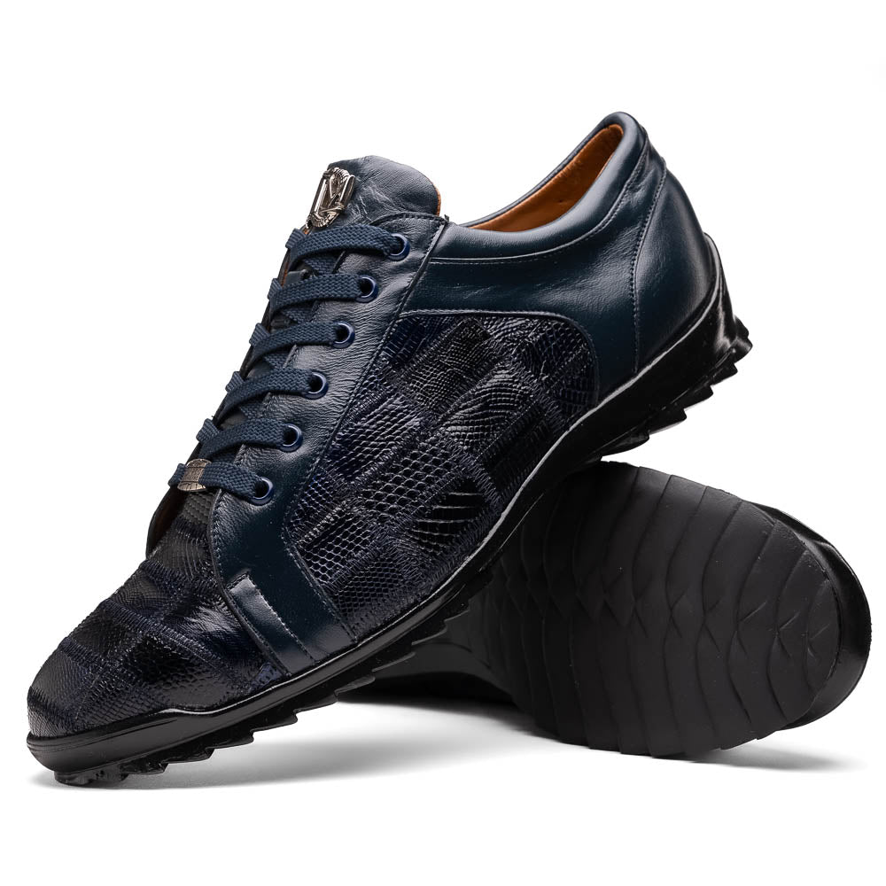 Bari Navy by Marco Di Milano: dark blue lace-up sneakers with a hand-painted finish, textured pattern, and rubber soles—one upright, one leaning. Enjoy luxury footwear designed for ultimate style and comfort.