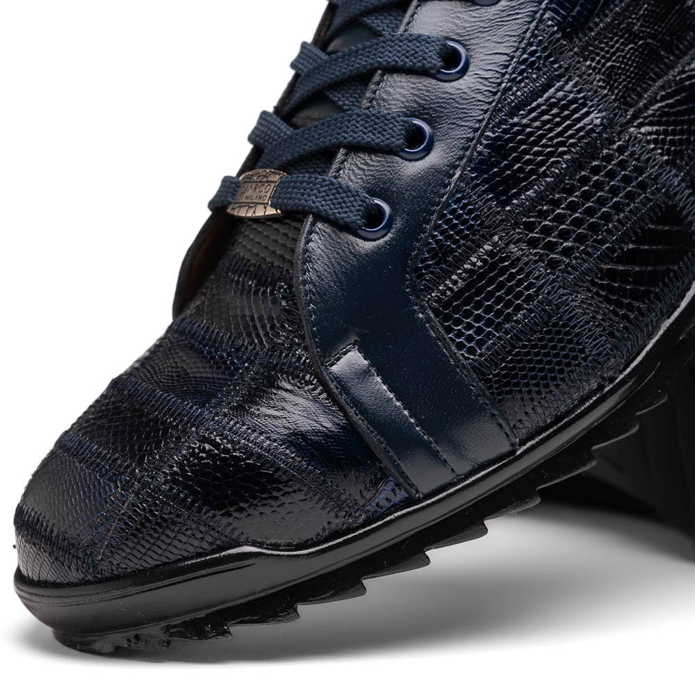 Bari Navy by Marco Di Milano: dark blue lace-up sneakers with a hand-painted finish, textured pattern, and rubber soles—one upright, one leaning. Enjoy luxury footwear designed for ultimate style and comfort.