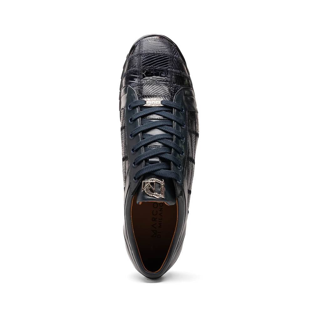 Bari Navy by Marco Di Milano: dark blue lace-up sneakers with a hand-painted finish, textured pattern, and rubber soles—one upright, one leaning. Enjoy luxury footwear designed for ultimate style and comfort.