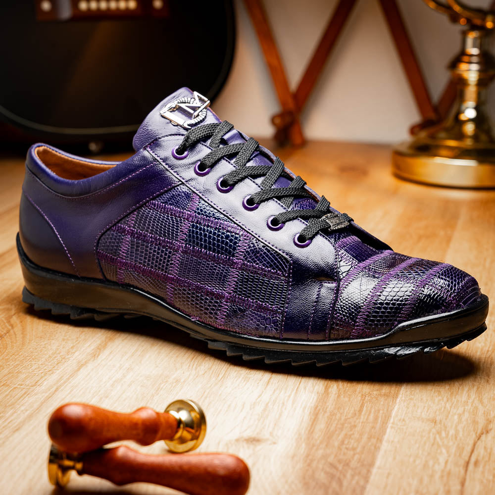 Introducing the Bari Purple men's sneakers by Marco Di Milano—crafted in purple leather with black laces, textured soles, a plaid pattern, metallic lace detail, and a luxurious hand-painted finish.