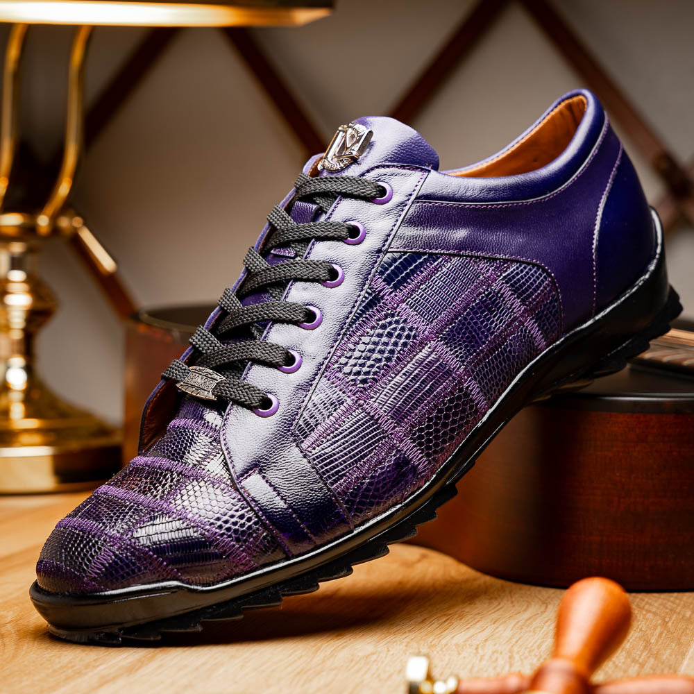 Introducing the Bari Purple men's sneakers by Marco Di Milano—crafted in purple leather with black laces, textured soles, a plaid pattern, metallic lace detail, and a luxurious hand-painted finish.