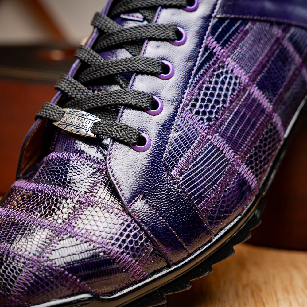 Introducing the Bari Purple men's sneakers by Marco Di Milano—crafted in purple leather with black laces, textured soles, a plaid pattern, metallic lace detail, and a luxurious hand-painted finish.
