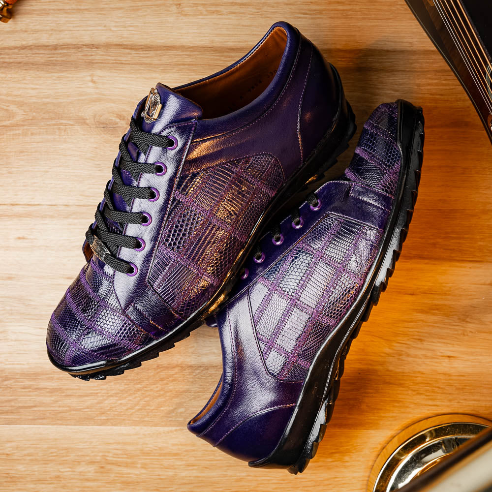 Introducing the Bari Purple men's sneakers by Marco Di Milano—crafted in purple leather with black laces, textured soles, a plaid pattern, metallic lace detail, and a luxurious hand-painted finish.