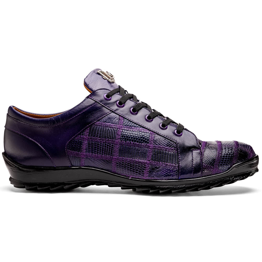Introducing the Bari Purple men's sneakers by Marco Di Milano—crafted in purple leather with black laces, textured soles, a plaid pattern, metallic lace detail, and a luxurious hand-painted finish.