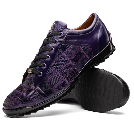Introducing the Bari Purple men's sneakers by Marco Di Milano—crafted in purple leather with black laces, textured soles, a plaid pattern, metallic lace detail, and a luxurious hand-painted finish.