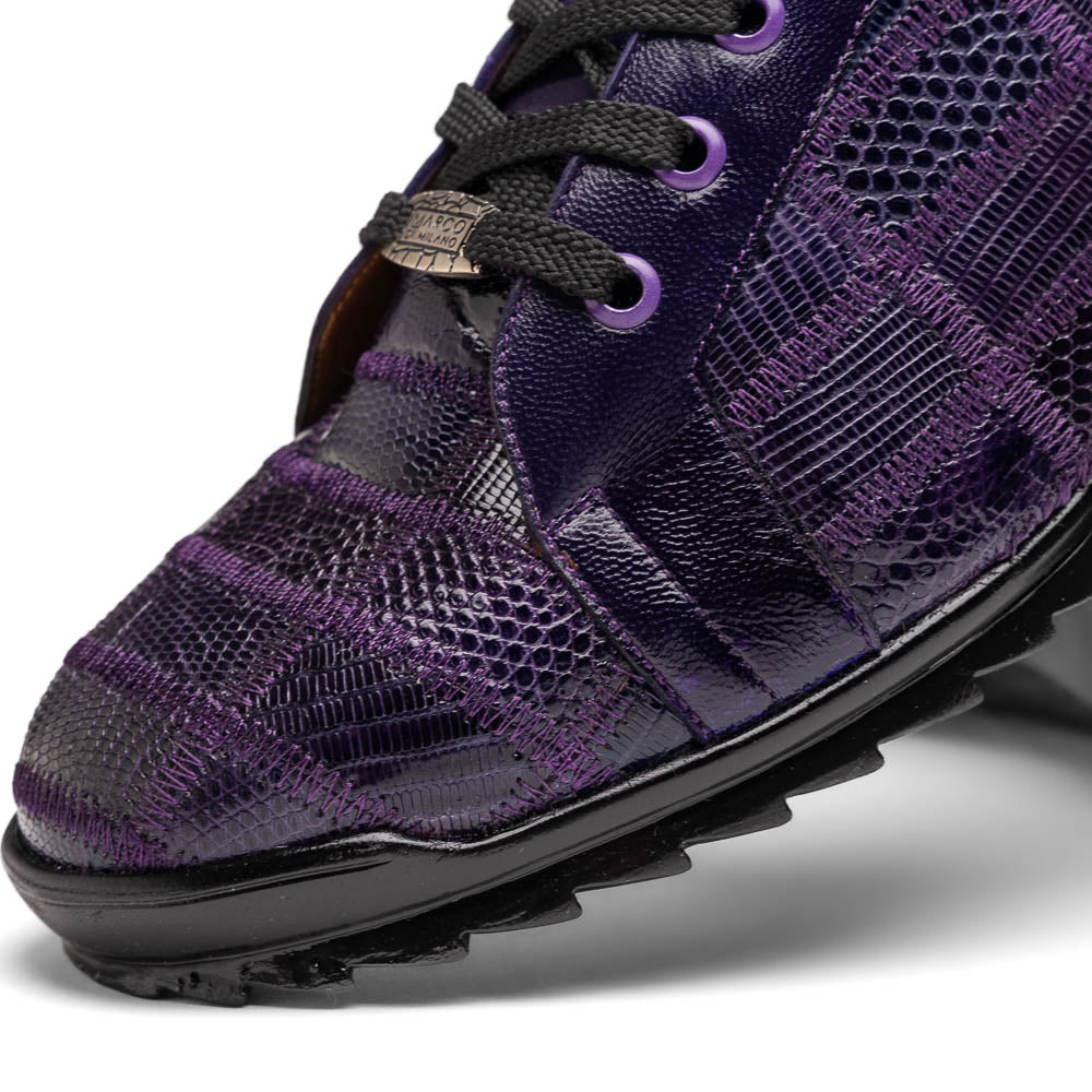 Introducing the Bari Purple men's sneakers by Marco Di Milano—crafted in purple leather with black laces, textured soles, a plaid pattern, metallic lace detail, and a luxurious hand-painted finish.