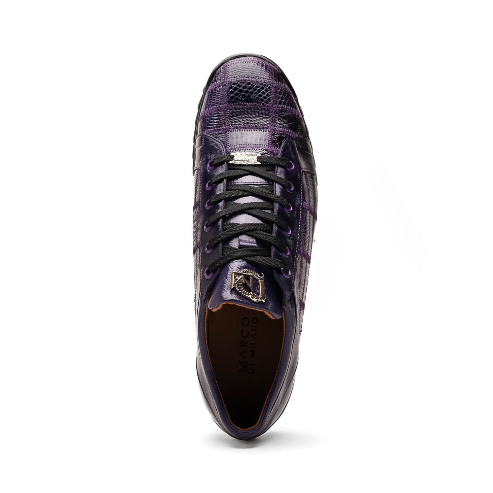 Introducing the Bari Purple men's sneakers by Marco Di Milano—crafted in purple leather with black laces, textured soles, a plaid pattern, metallic lace detail, and a luxurious hand-painted finish.