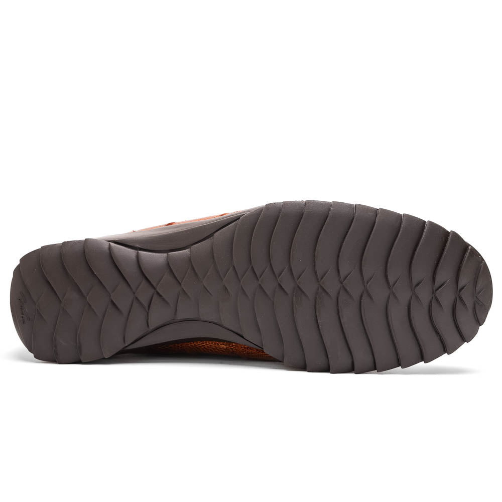 The Marco Di Milano Bari Cognac features brown leather with a hand-painted finish, textured side panels, black laces, and black rubber soles—one shoe propped against the other.