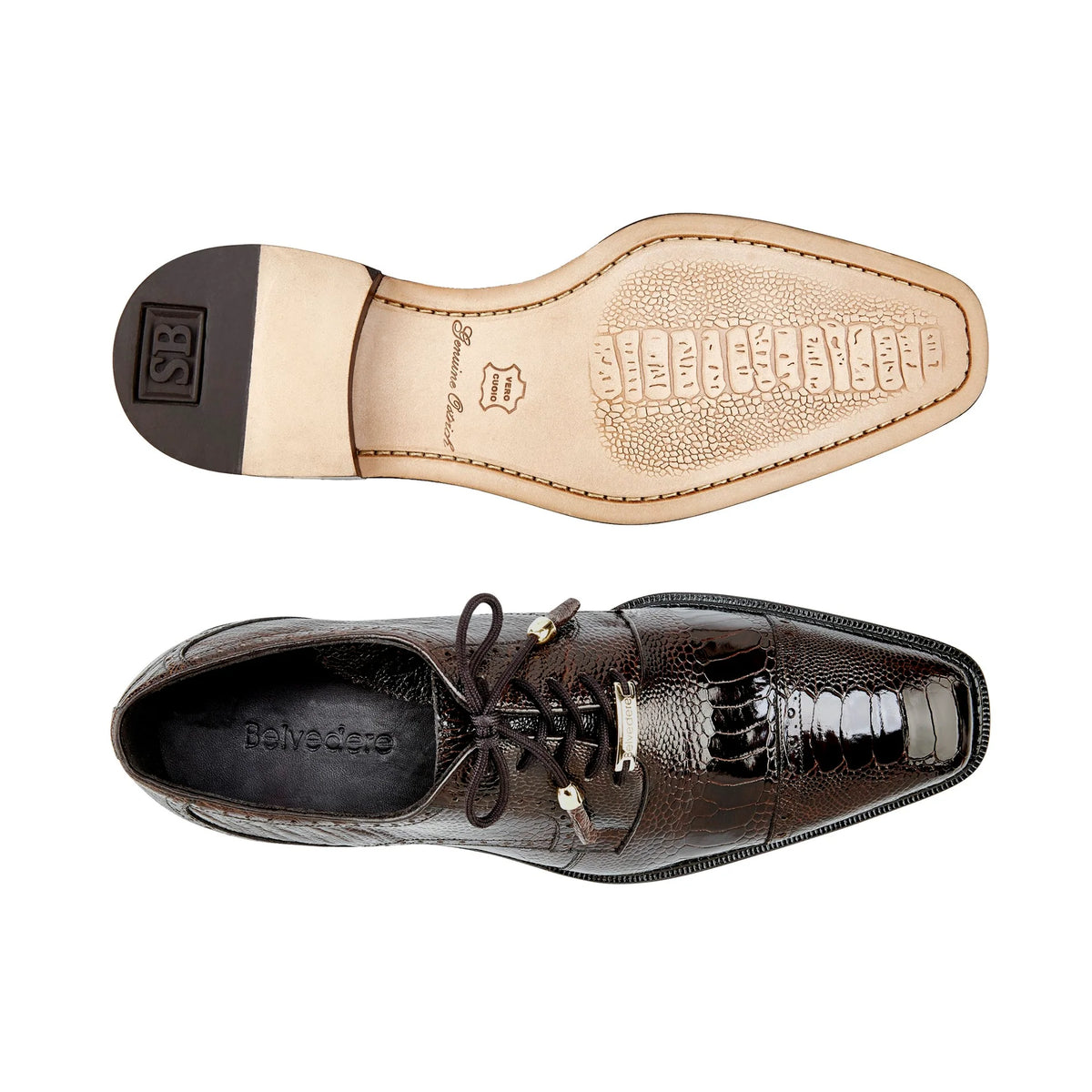 Brown Belvedere - Batta, Genuine Ostrich Leather Dress Shoe with a textured, cap toe lace-up design.