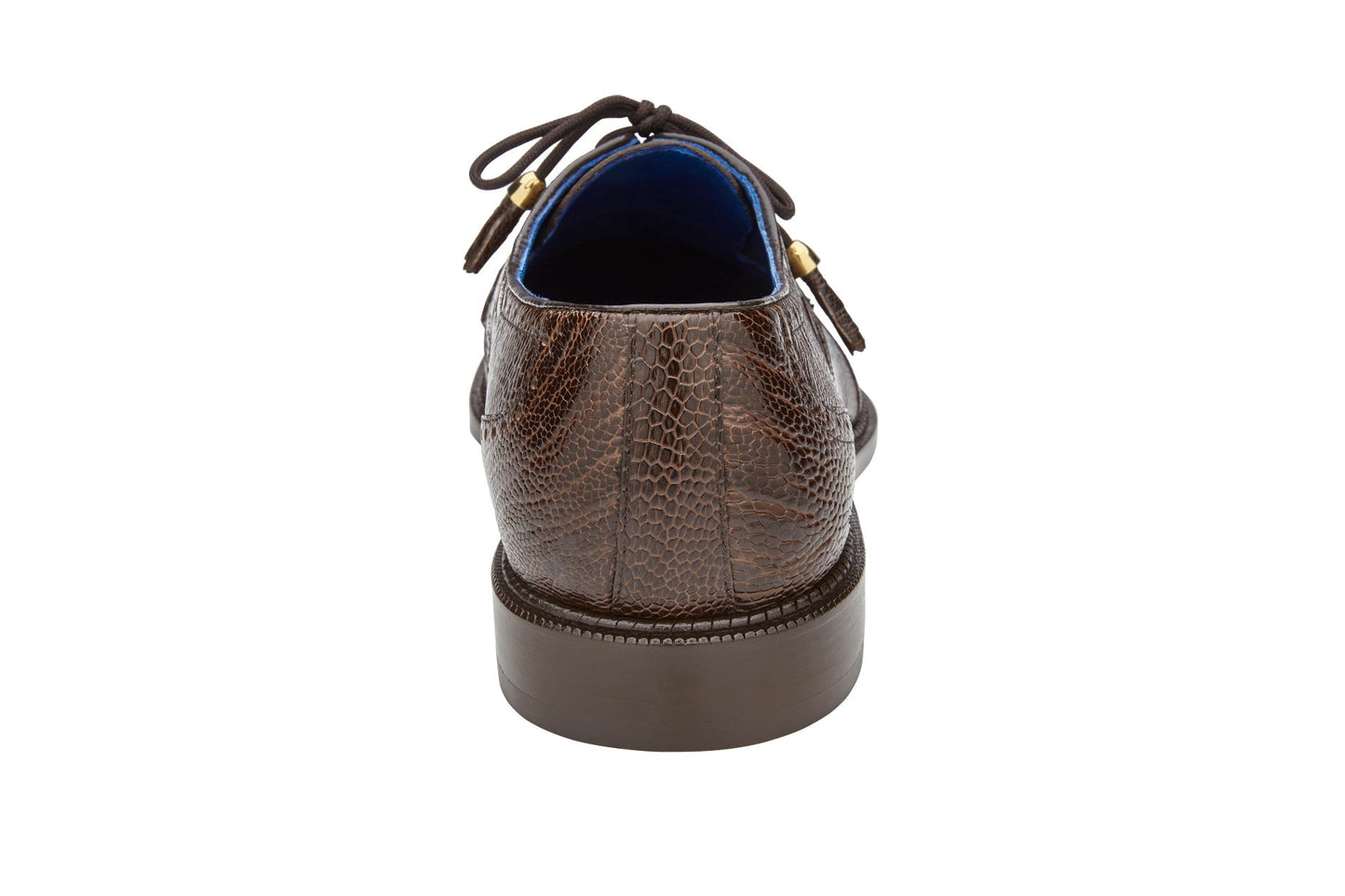A genuine ostrich leather dress shoe, the Belvedere Batta, in chocolate with a crocodile texture and cap toe lace-up design, displayed on a white background.