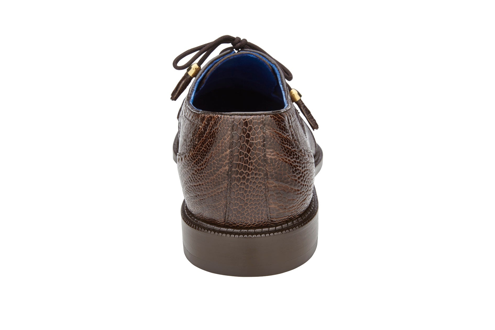 A genuine ostrich leather dress shoe, the Belvedere Batta, in chocolate with a crocodile texture and cap toe lace-up design, displayed on a white background.