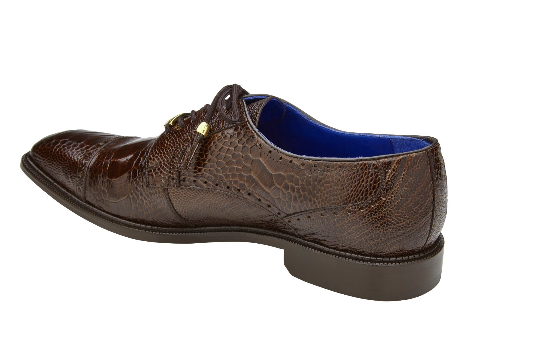 A genuine ostrich leather dress shoe, the Belvedere Batta, in chocolate with a crocodile texture and cap toe lace-up design, displayed on a white background.