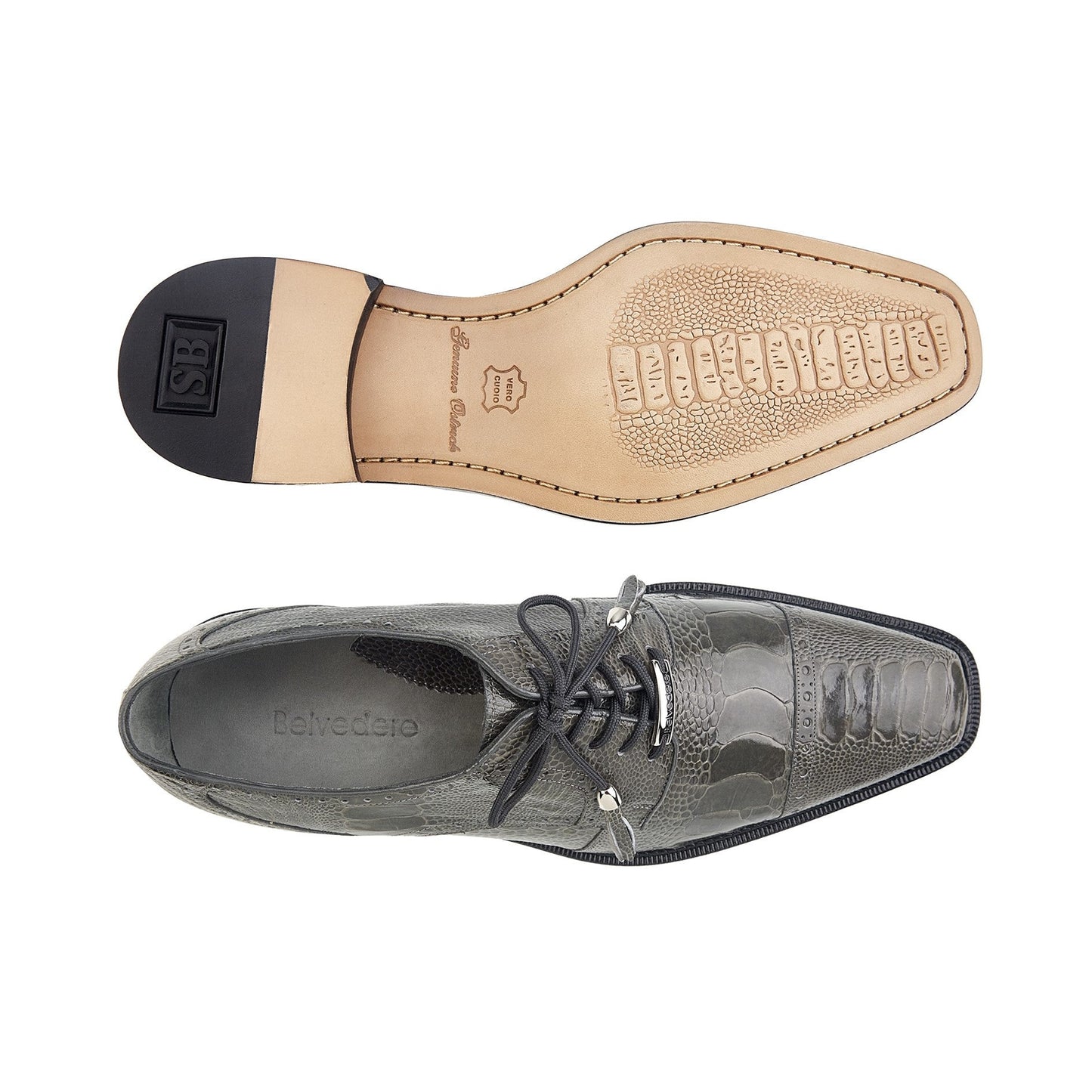 The BELVEDERE Batta is a gray genuine ostrich leather dress shoe (14006) with a cap toe, lace-up design, and low black heel, shown in a side view on a white background.