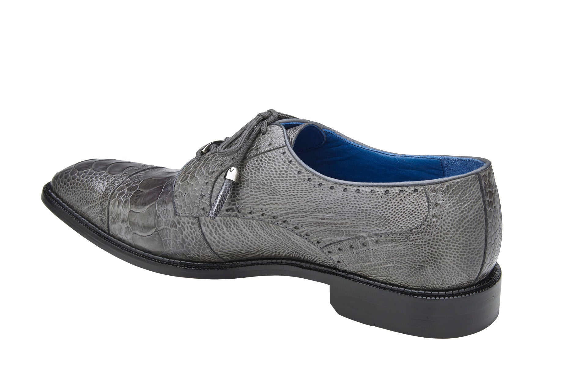 The BELVEDERE Batta is a gray genuine ostrich leather dress shoe (14006) with a cap toe, lace-up design, and low black heel, shown in a side view on a white background.