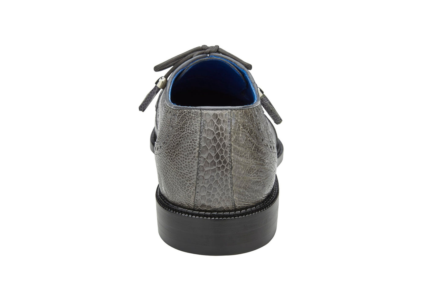 The BELVEDERE Batta is a gray genuine ostrich leather dress shoe (14006) with a cap toe, lace-up design, and low black heel, shown in a side view on a white background.