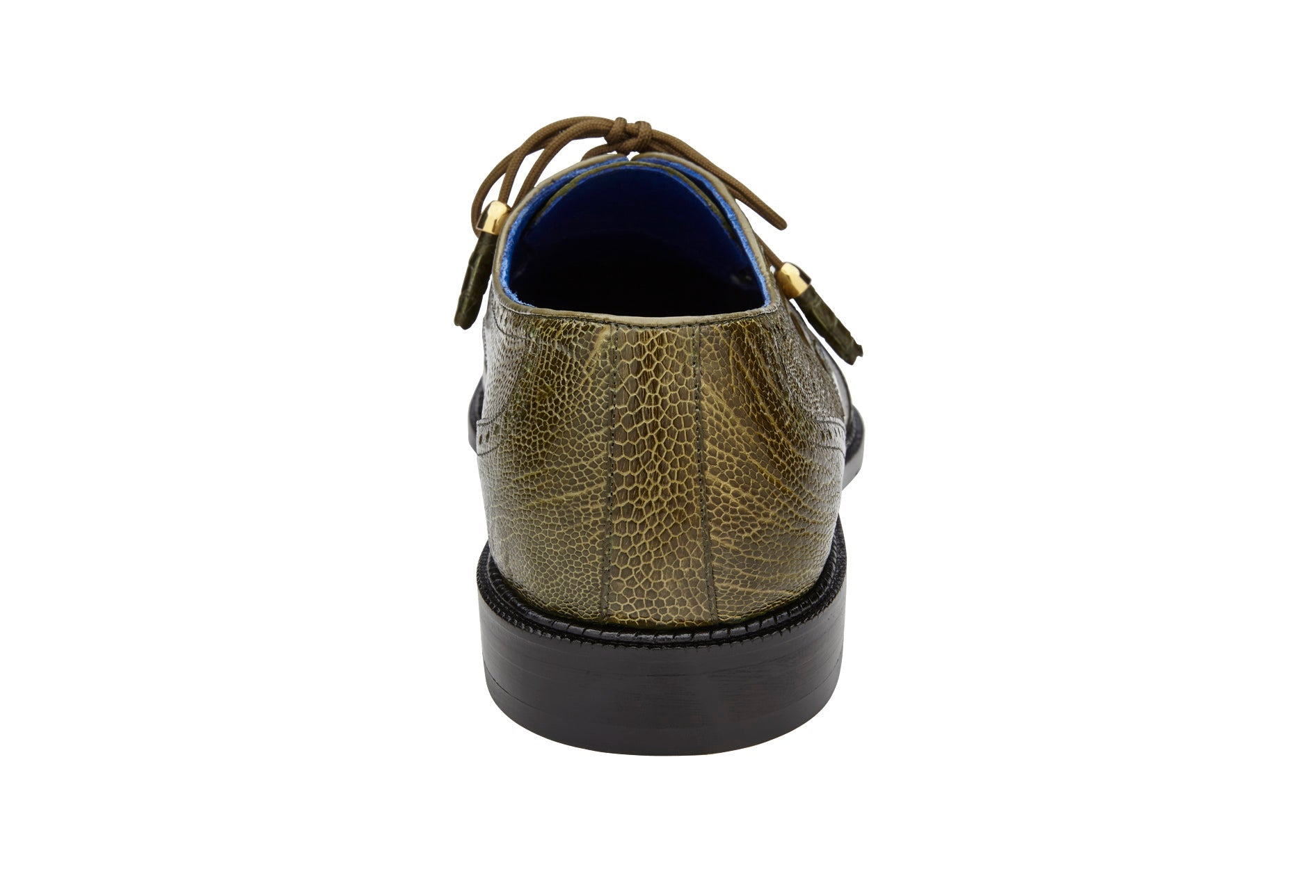 The Belvedere Batta, a genuine ostrich leather dress shoe in olive, features a textured pattern and cap toe lace-up design with a black sole, shown in a side view. Model Number: 14006 (IN STORE).