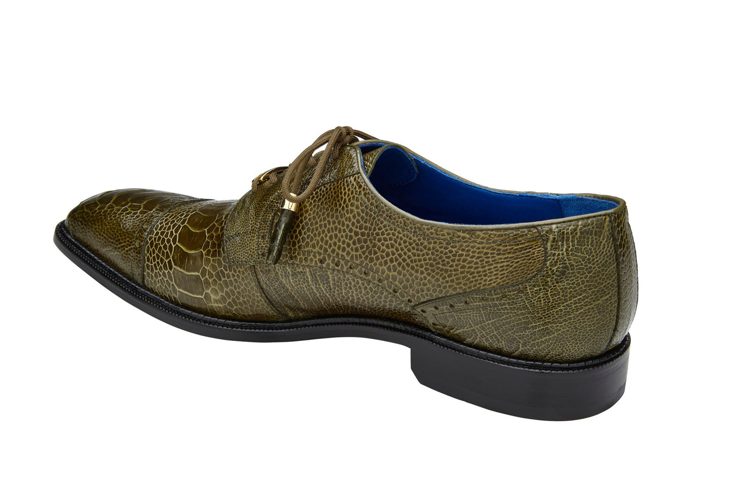 The Belvedere Batta, a genuine ostrich leather dress shoe in olive, features a textured pattern and cap toe lace-up design with a black sole, shown in a side view. Model Number: 14006 (IN STORE).