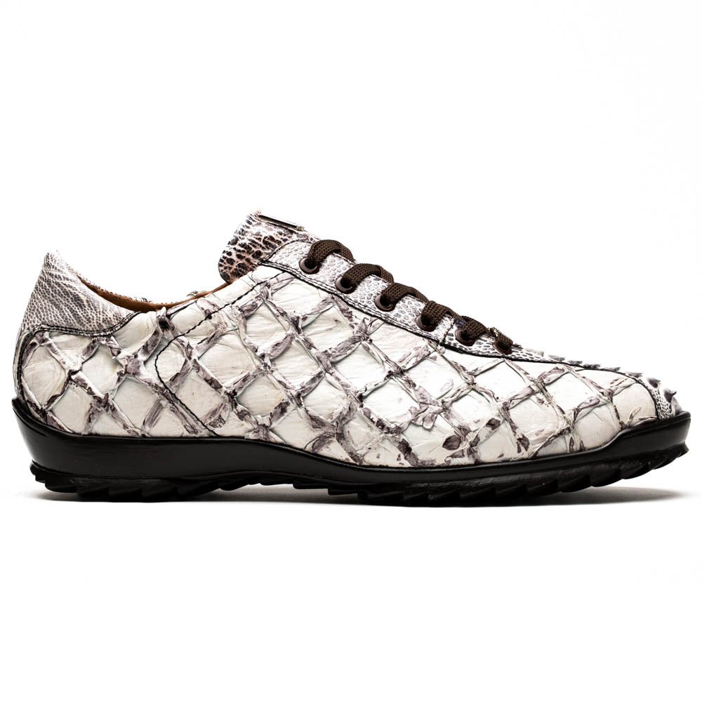 The Marco Di Milano Batistini Newspaper sneakers feature a white and grey crocodile-patterned texture, dark brown laces, and black rubber soles, showcased on a white background.
