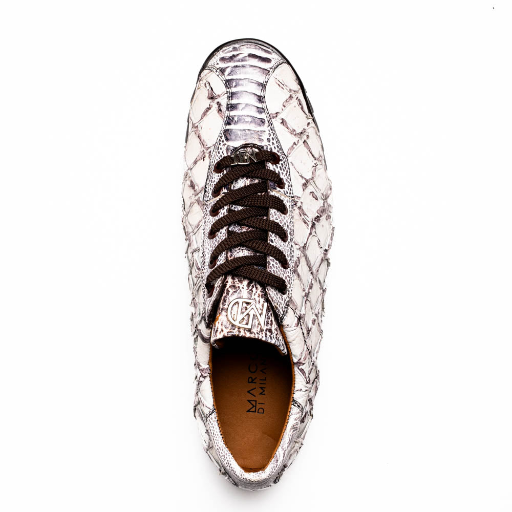 The Marco Di Milano Batistini Newspaper sneakers feature a white and grey crocodile-patterned texture, dark brown laces, and black rubber soles, showcased on a white background.