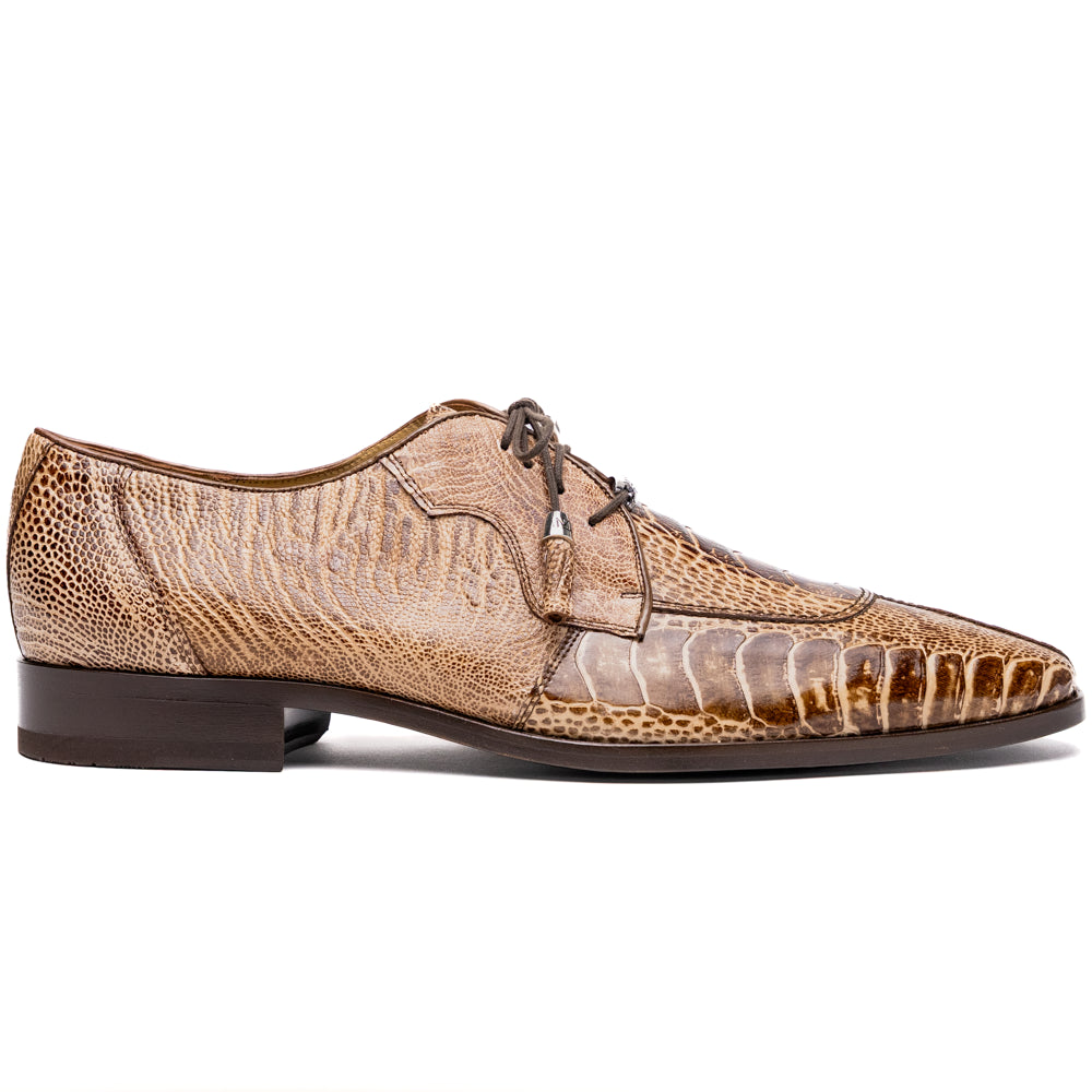 A pair of Belice Rustic Orix handcrafted leather oxford dress shoes by Marco Di Milano, fashioned from tan and brown crocodile leather—one shoe stands upright while the other lies on its side, displaying the sole.