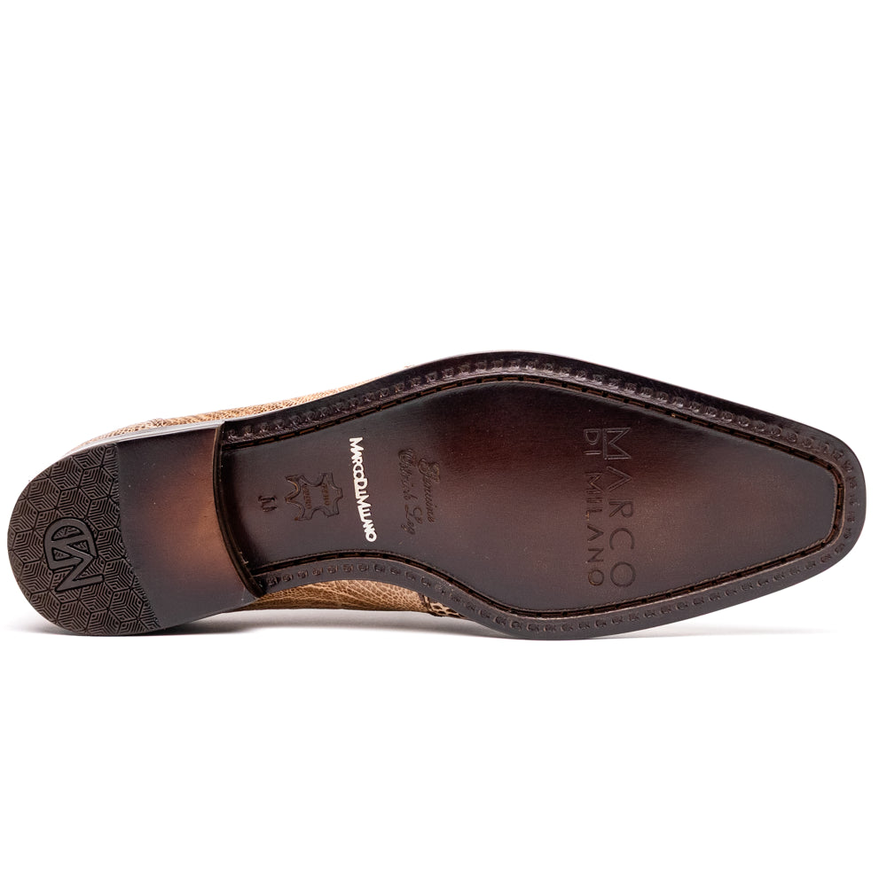 A pair of Belice Rustic Orix handcrafted leather oxford dress shoes by Marco Di Milano, fashioned from tan and brown crocodile leather—one shoe stands upright while the other lies on its side, displaying the sole.