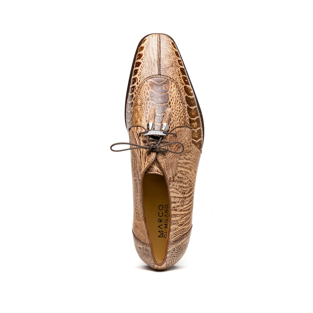 A pair of Belice Rustic Orix handcrafted leather oxford dress shoes by Marco Di Milano, fashioned from tan and brown crocodile leather—one shoe stands upright while the other lies on its side, displaying the sole.