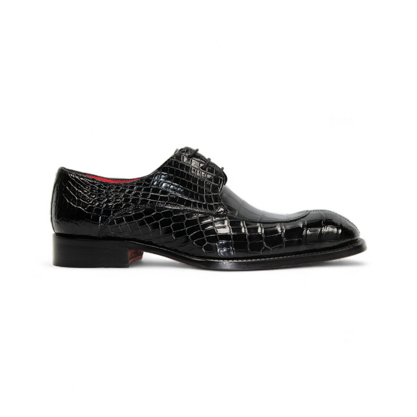 The Fennix Benjamin Black by Fennix of Italy is a glossy black luxury shoe with a crocodile-patterned finish and laces, crafted from genuine alligator leather, shown in a side view against a white background.