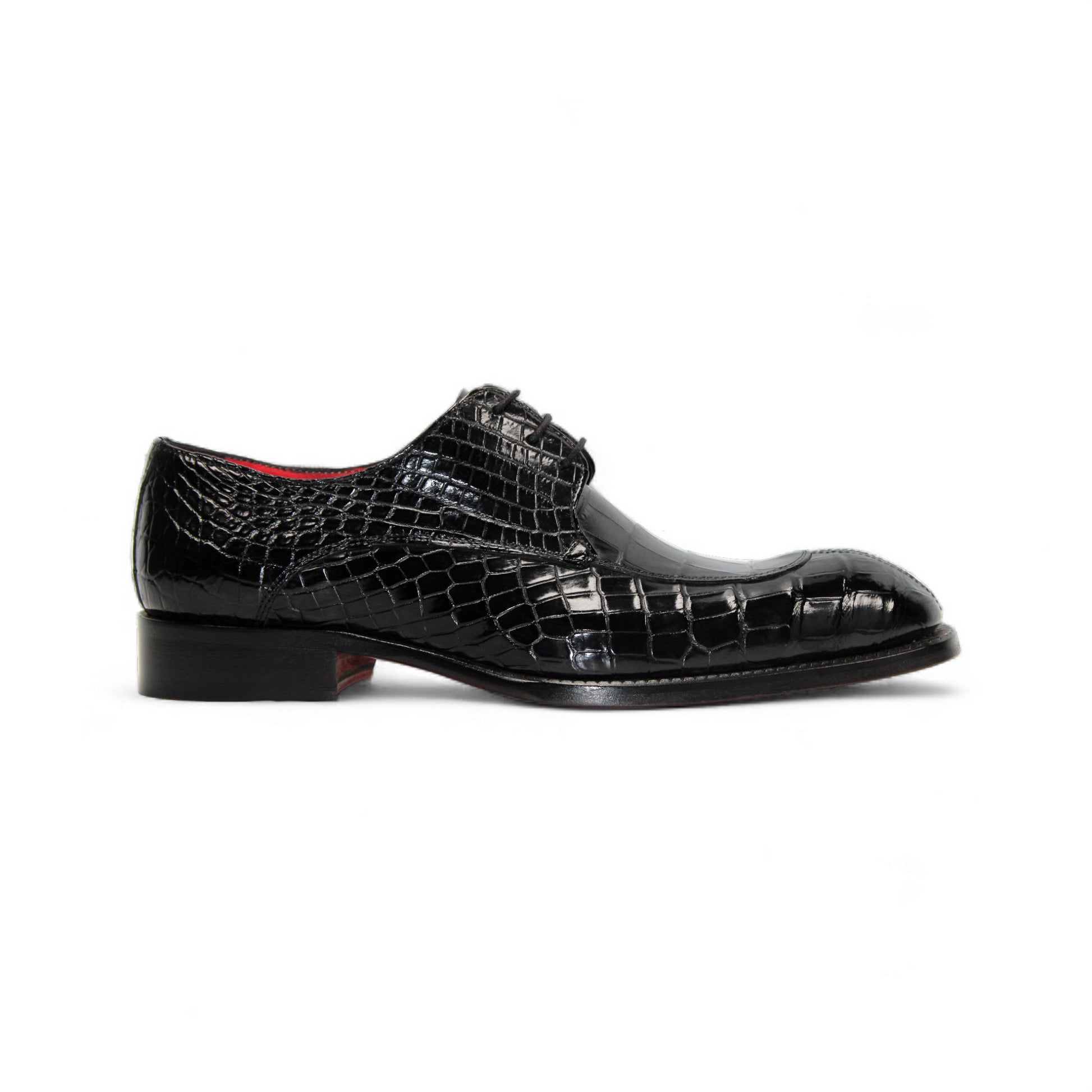 The Fennix Benjamin Black by Fennix of Italy is a glossy black luxury shoe with a crocodile-patterned finish and laces, crafted from genuine alligator leather, shown in a side view against a white background.