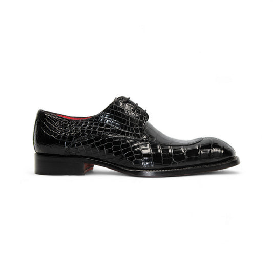 The Fennix Benjamin Black by Fennix of Italy is a glossy black luxury shoe with a crocodile-patterned finish and laces, crafted from genuine alligator leather, shown in a side view against a white background.