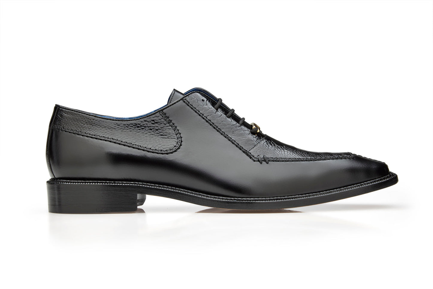 The Belvedere - Biagio dress shoe, made with genuine ostrich leg and Italian calf leather, features a black color, low heel, lace-up design, and textured panels. Styled in a luxurious Italian craftsmanship for elegance on a white background. Model: B13 (IN STORE).