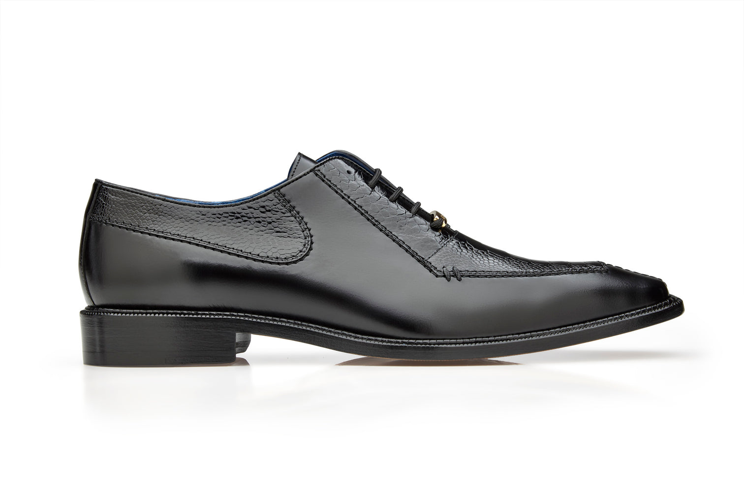 The Belvedere - Biagio dress shoe, made with genuine ostrich leg and Italian calf leather, features a black color, low heel, lace-up design, and textured panels. Styled in a luxurious Italian craftsmanship for elegance on a white background. Model: B13 (IN STORE).
