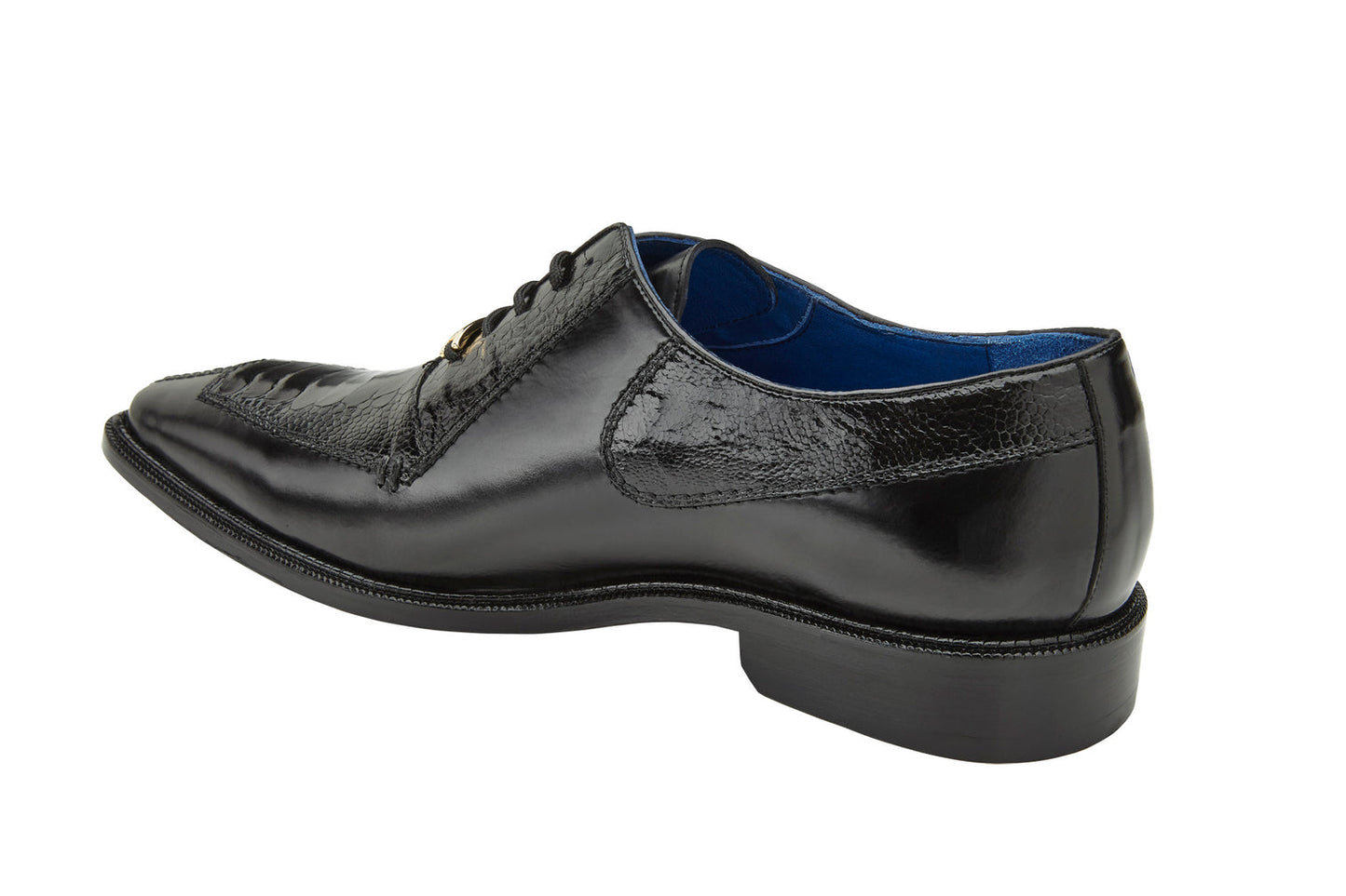 The Belvedere - Biagio dress shoe, made with genuine ostrich leg and Italian calf leather, features a black color, low heel, lace-up design, and textured panels. Styled in a luxurious Italian craftsmanship for elegance on a white background. Model: B13 (IN STORE).