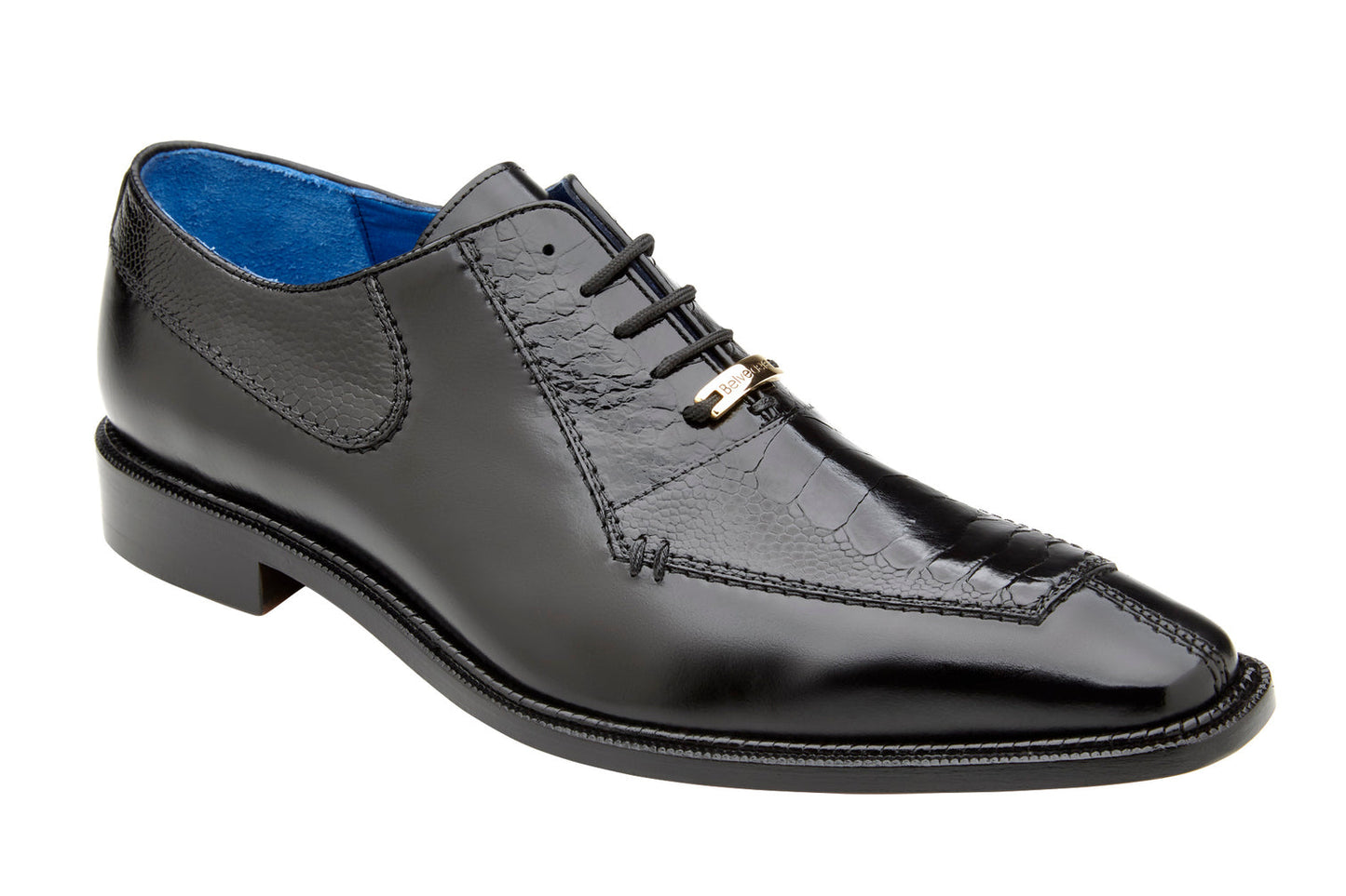 The Belvedere - Biagio dress shoe, made with genuine ostrich leg and Italian calf leather, features a black color, low heel, lace-up design, and textured panels. Styled in a luxurious Italian craftsmanship for elegance on a white background. Model: B13 (IN STORE).