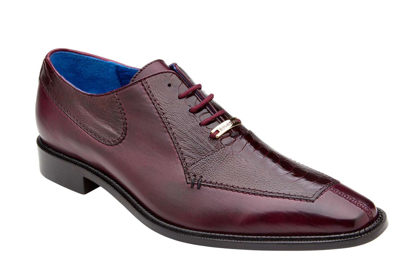 The Belvedere - Biagio dress shoe features a pointed toe and decorative stitching, crafted from genuine ostrich leg and Italian calf leather in antique burgundy, shown from the side on a white background.