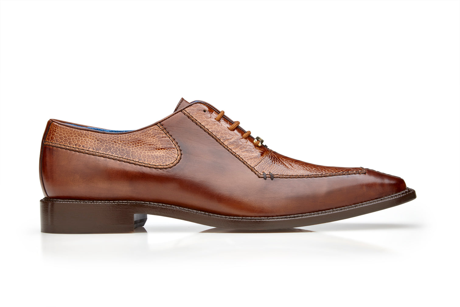 The BELVEDERE Biagio dress shoe, made from Italian Calf leather and Genuine Ostrich Leg in Antique Peanut, features a polished finish with decorative stitching and a low heel.