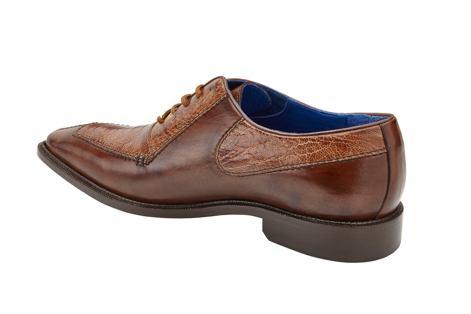 The BELVEDERE Biagio dress shoe, made from Italian Calf leather and Genuine Ostrich Leg in Antique Peanut, features a polished finish with decorative stitching and a low heel.