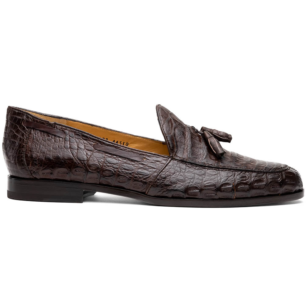 A pair of luxury men's Bianchi Brown tassel loafers by Marco Di Milano in genuine caiman crocodile—one upright, the other on its side to display the exquisite sole.