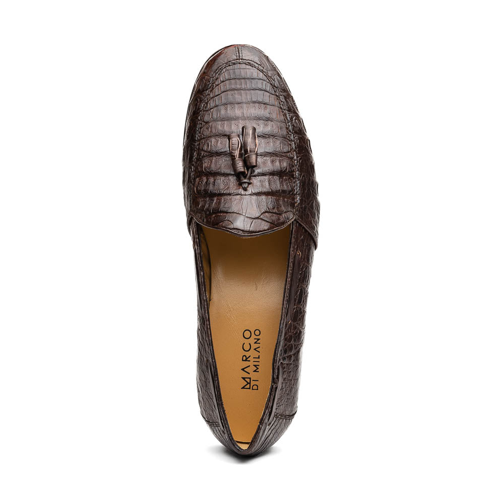 A pair of luxury men's Bianchi Brown tassel loafers by Marco Di Milano in genuine caiman crocodile—one upright, the other on its side to display the exquisite sole.