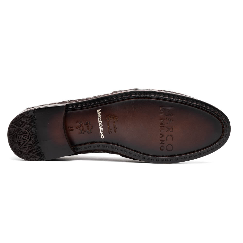 A pair of luxury men's Bianchi Brown tassel loafers by Marco Di Milano in genuine caiman crocodile—one upright, the other on its side to display the exquisite sole.