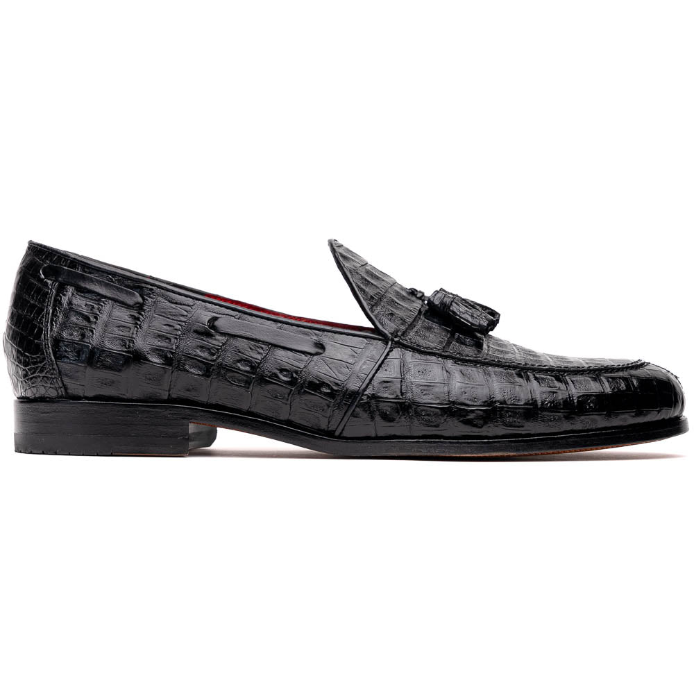 Experience luxury with the Marco Di Milano Bianchi Black—a pair of genuine caiman crocodile tassel loafers featuring black crocodile-patterned leather, red interior lining, and tan leather soles.