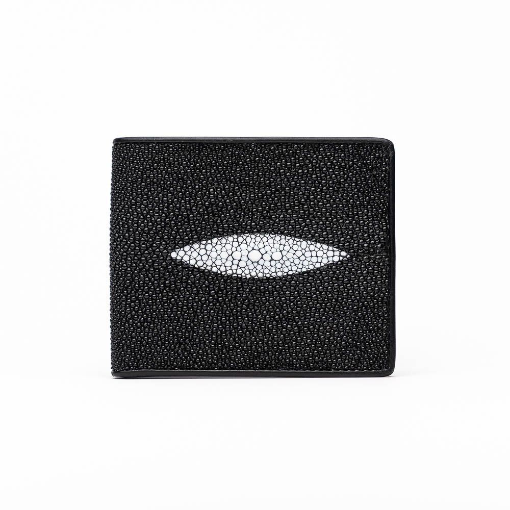 The Marco Di Milano Vallo Wallet Black is a textured luxury men's wallet with a central oval reflective accent, shown partially open on a white background.