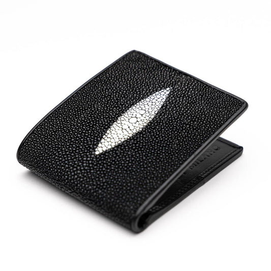 The Marco Di Milano Vallo Wallet Black is a textured luxury men's wallet with a central oval reflective accent, shown partially open on a white background.