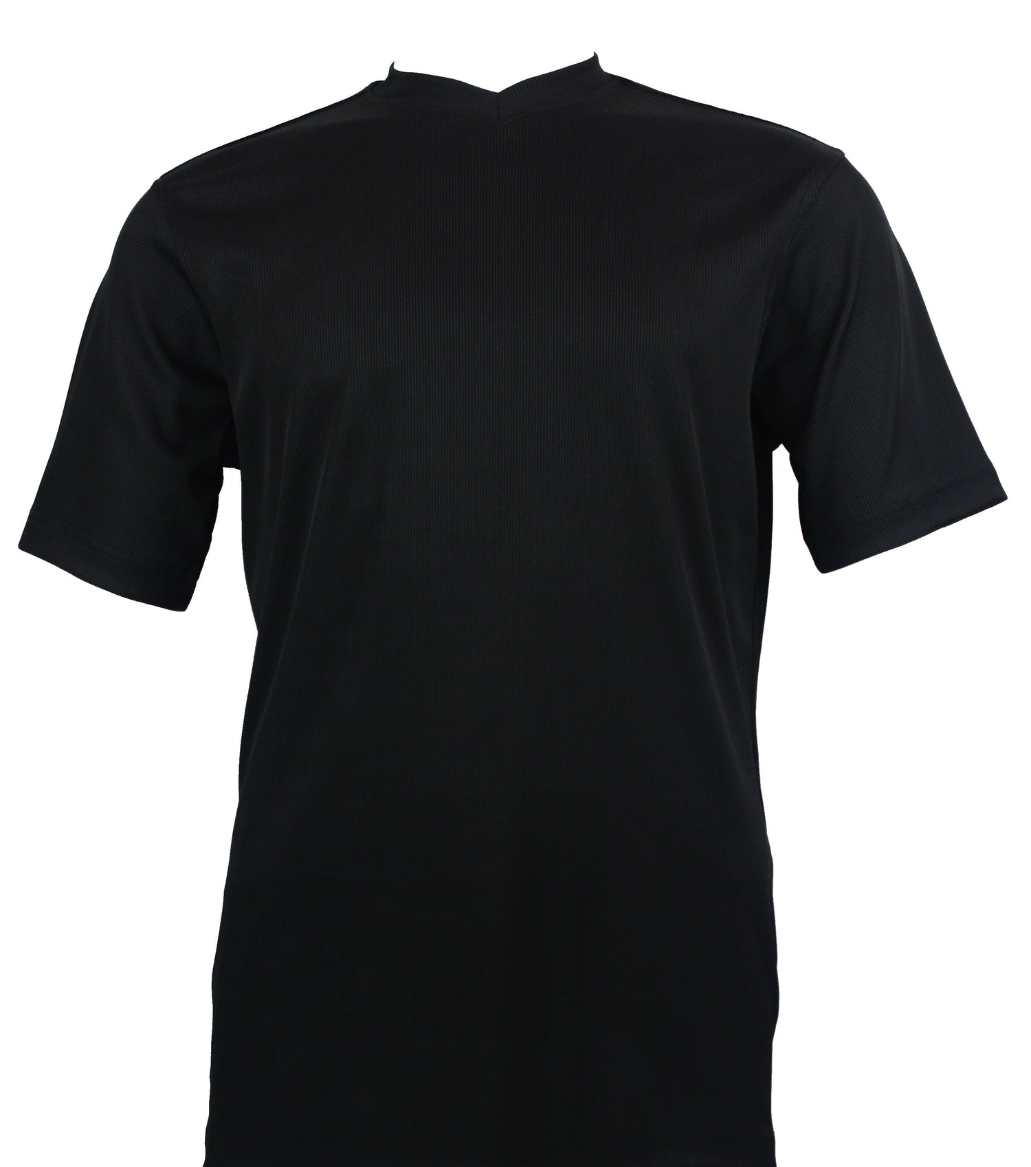 A Bassiri S/S V-Neck Black T-Shirt 219, featuring a plain black design with short sleeves and a touch of spandex for extra comfort, displayed on a white background.