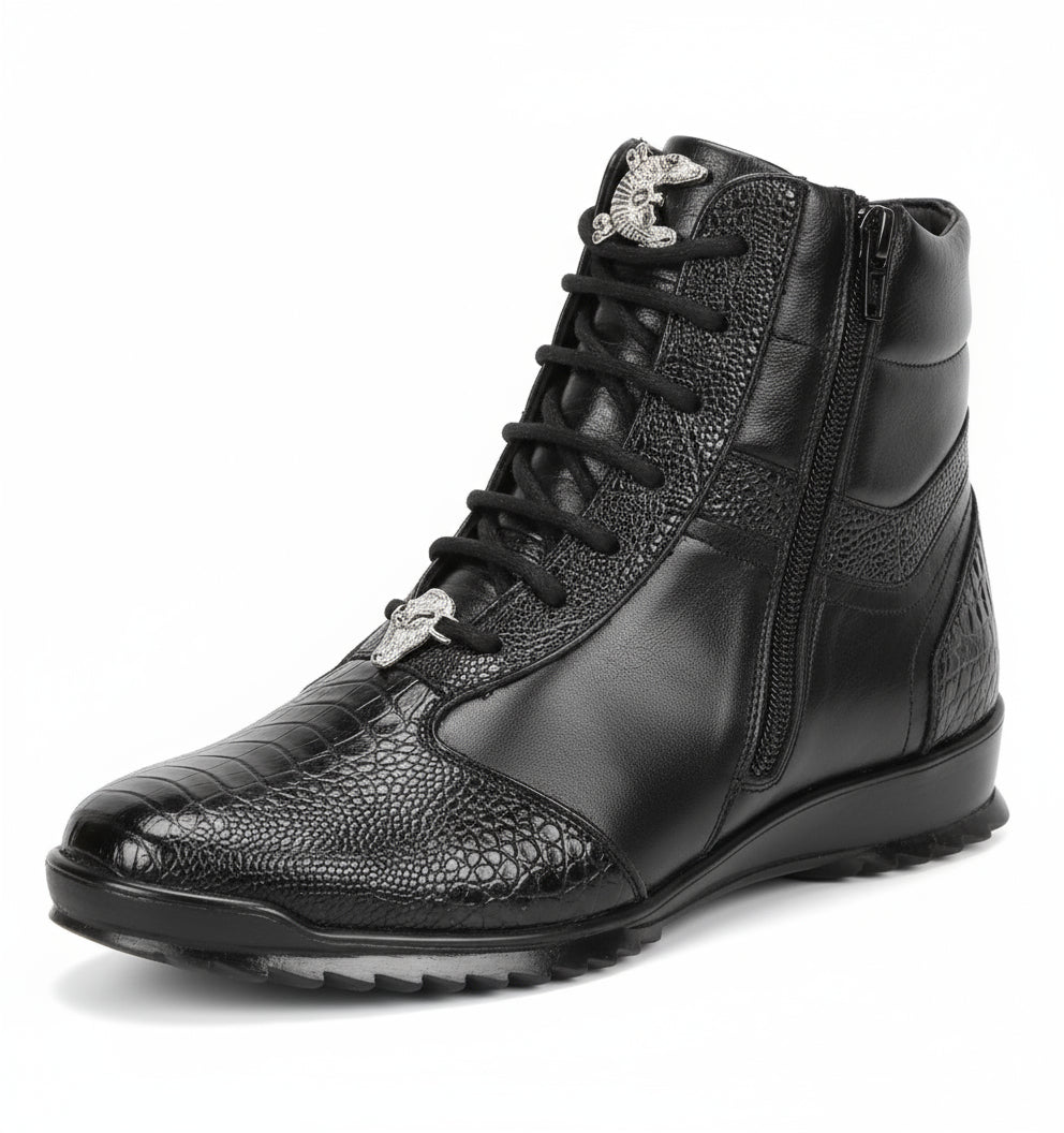 The Los Altos HIGH TOP Black Ostrich Boots feature a black textured finish, lace-up front, silver accents, and rugged sole; available in US sizes 6-13 and Mexico sizes 25-32 for fans of exotic skin footwear.