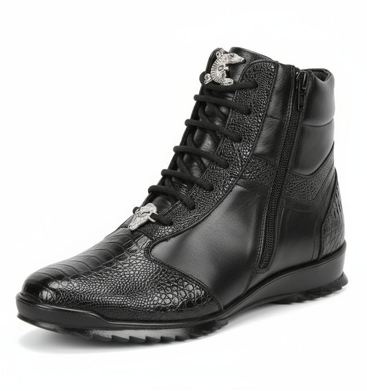 The Los Altos HIGH TOP Black Ostrich Boots feature a black textured finish, lace-up front, silver accents, and rugged sole; available in US sizes 6-13 and Mexico sizes 25-32 for fans of exotic skin footwear.