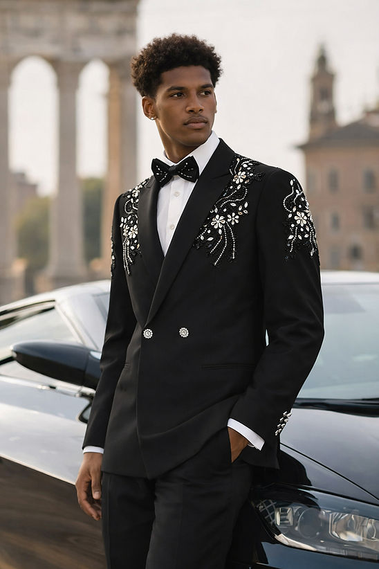 A man in a Manzini GQ300 2-Piece Slim-Fit Men's Rhinestone Pattern Double Breast Tuxedo Suit in black and silver stands by a black car, with historic buildings and stone columns behind him.